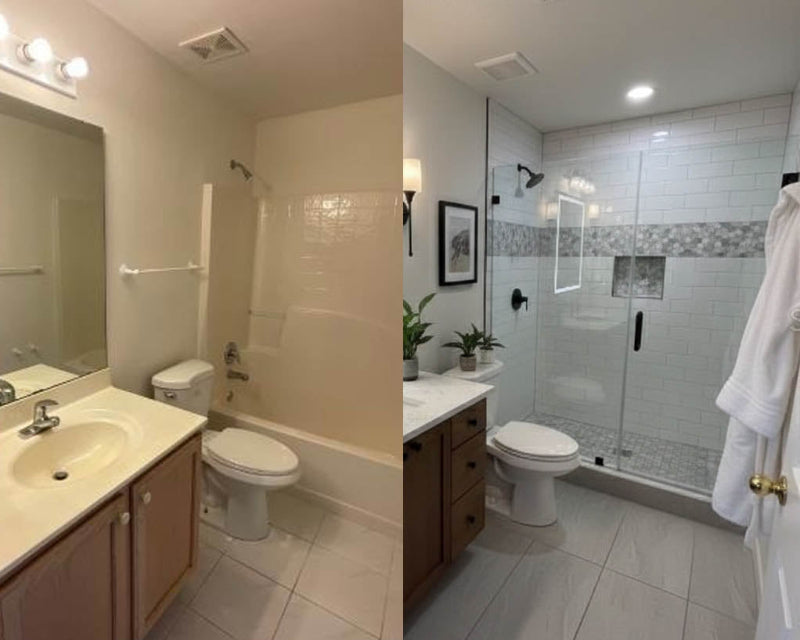 Bathroom with bathtub and shower stall, featuring a toilet and sink.